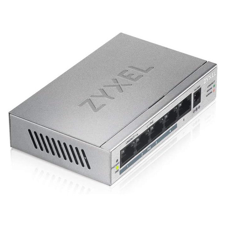 Switch Unmanaged, 5 porte Gigabit (4 porte PoE, erogazione fino a 60W), Chassis metallo, Desktop Zyxel